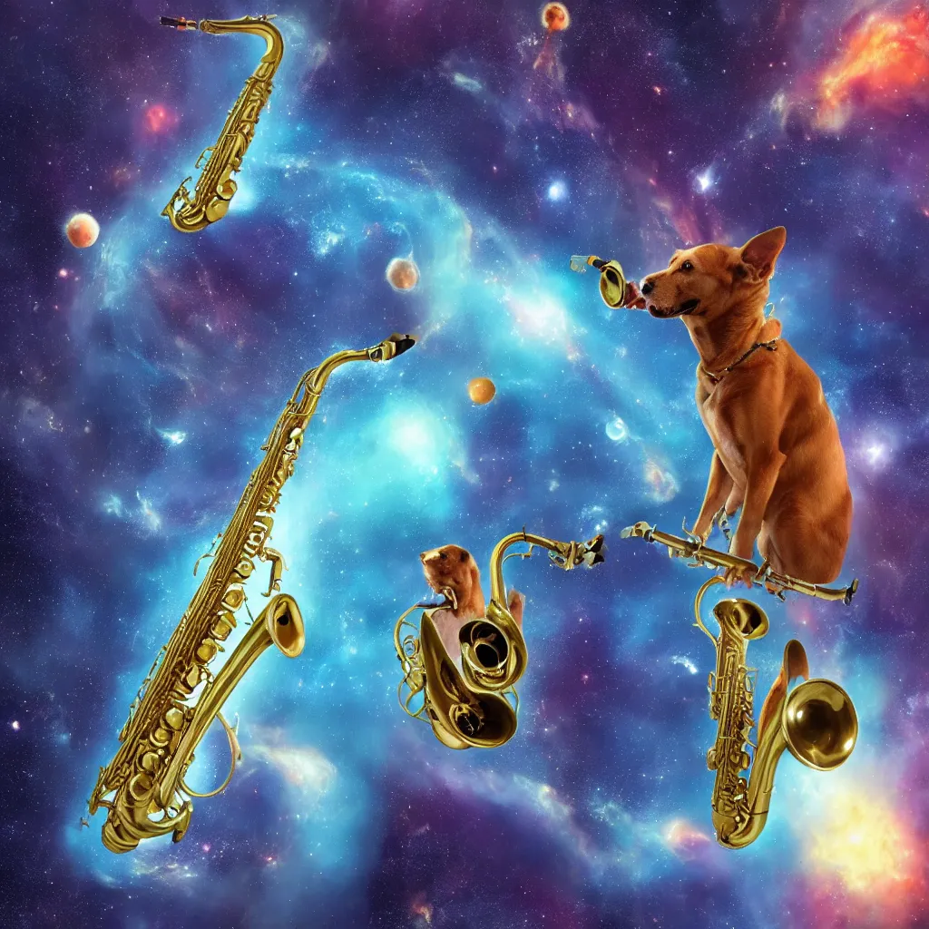 Prompt: dog playing saxophone jazz in space. High detail, 4k, planets, galaxy, nebula, trending on artstation, digital painting