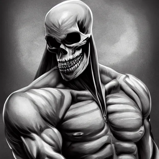 Image similar to A Large Muscular man with a Skeleton Head, high quality digital concept art