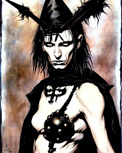 Image similar to portrait of a skinny punk goth sorcerer by simon bisley, john blance, frank frazetta, fantasy, barbarian