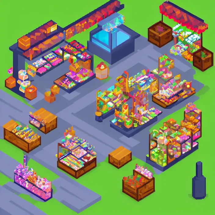 Image similar to isometric pixel art of a small market stall selling magical crystals