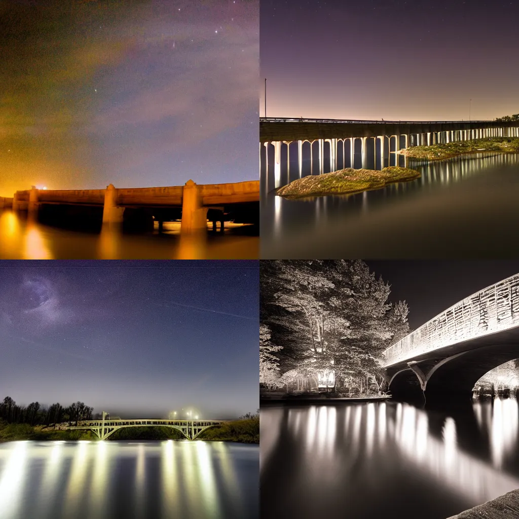 Prompt: a bridge over a body of water at night, a matte painting by aaron bohrod, flickr contest winner, regionalism, matte painting, long exposure, high dynamic range