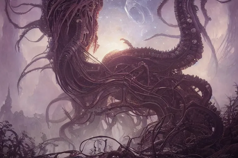 Prompt: a lovecraftian painting of a nightmare, cosmic horror elements, ultra realistic, concept art, intricate details, eerie, highly detailed, photorealistic, octane render, 8 k, unreal engine. art by artgerm and greg rutkowski and alphonse mucha