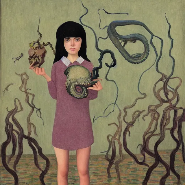 Image similar to tall emo girl artist holding an octopus, in a flooded art gallery, books, small portraits, gourds, berries, vines, pigs, acrylic on canvas, surrealist, by magritte and monet