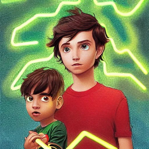 Prompt: a young man with short wavy brown hair and glowing green eyes as a super hero, pixar cute, highly detailed, sharp focus, neon color, digital painting, artwork by Jeremiah Ketner + Mati Klarwein + Fintan Magee + Chris Mars, background artwork by greg rutkowski