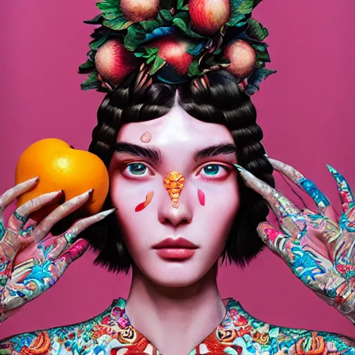 Image similar to pretty model with fruit : : by martine johanna and simon stalenhag and chie yoshii and casey weldon and wlop : : ornate, dynamic, particulate, rich colors, intricate, elegant, highly detailed, vogue, harper's bazaar art, fashion magazine, smooth, sharp focus, 8 k, octane render