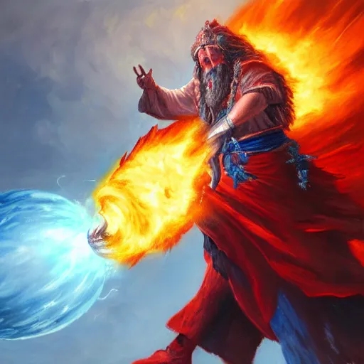 Image similar to Highly detailed oil painting, concept art, of a wizard casting a fireball spell, fighting against a huge ice giant, red and blue color scheme, concept art, highly detailed.