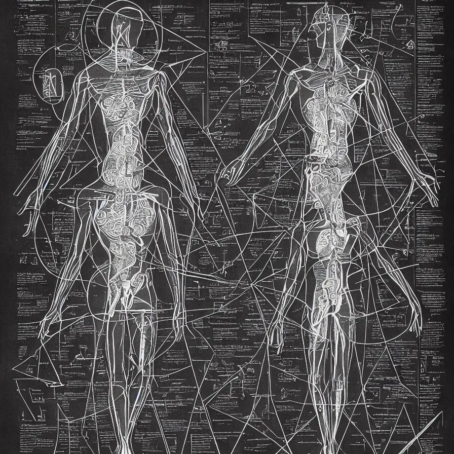 Prompt: the geometry of human body as seen in an ancient alien book