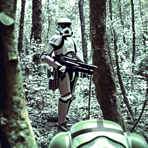 Prompt: a scout trooper, in the jungle, star wars, film still, panavision panaflex