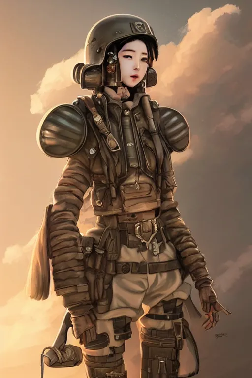 Image similar to dieselpunk blackpink jisoo as soldier girl, helmet, portrait, desert, armored, highly detailed, sharp focus, art, illustrations by rossdraws and ayanamikodon and wlop and irakli nadar and loish