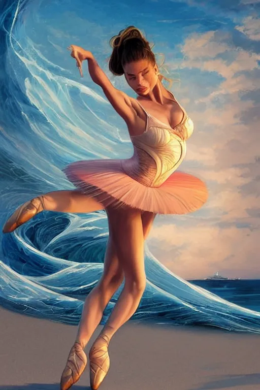 Image similar to a ballet dancing Sofía Vergara as a heroine with a dress inspired by the great wave off kanagawa on the beach at sunrise, digital painting, artstation, concept art, smooth, sharp focus, illustration, in-frame, centered, art by artgerm and donato giancola and Joseph Christian Leyendecker, Ross Tran, WLOP