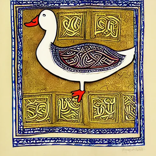 Prompt: book of kells, illustration of a duck, ink and dye on calfskin vellum