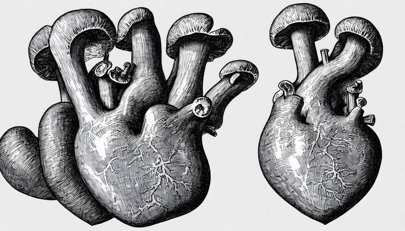 Image similar to a human heart with mushrooms growing out of the valves, anatomically correct drawing