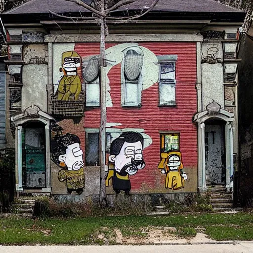 Image similar to A beautiful street art of an old, abandoned house. by Ravi Zupa, by Matt Groening, by Brian K. Vaughan unified