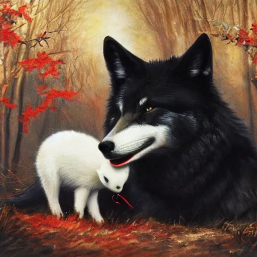 Image similar to a beautiful black wolf with red eyes curled around a small, fragile and cute white rabbit to protect it from the dangerous forest that is all around them, oil painting, award winning, 4k, high quality, high detail