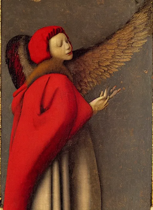 Image similar to Flying Fallen Angel with wings dressed in red, Medieval painting by Jan van Eyck, Johannes Vermeer, Florence