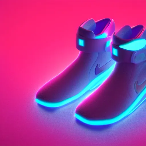 Image similar to nike mags, glow, neon, centered, designed by sawoozer, ultra detailed, artstation, akitipe studios, octane render 8 k, vray render 4 k, realistic