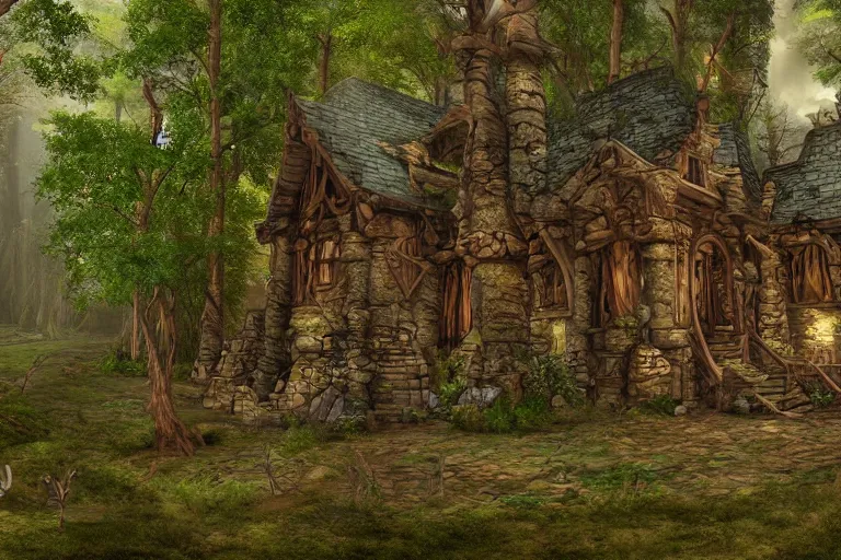 Image similar to photograph of a fantasy style woodland mansion with cogwheeled mechanic doors in an ancient forest