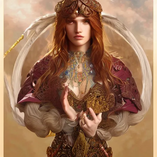 Prompt: ultra realistic illustration, bella thorne wearing amulet of power, intricate, elegant, highly detailed, digital painting, artstation, concept art, smooth, sharp focus, illustration, art by artgerm and greg rutkowski and alphonse mucha