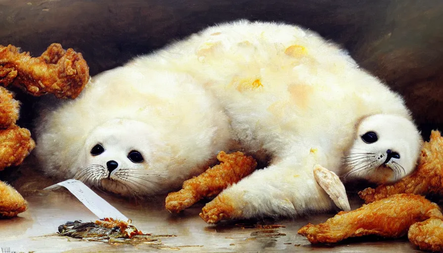 Image similar to highly detailed painting of cute furry white baby seals cuddling up in a big pile of fried chicken by william turner, thick brush strokes and visible paint layers, 4 k resolution