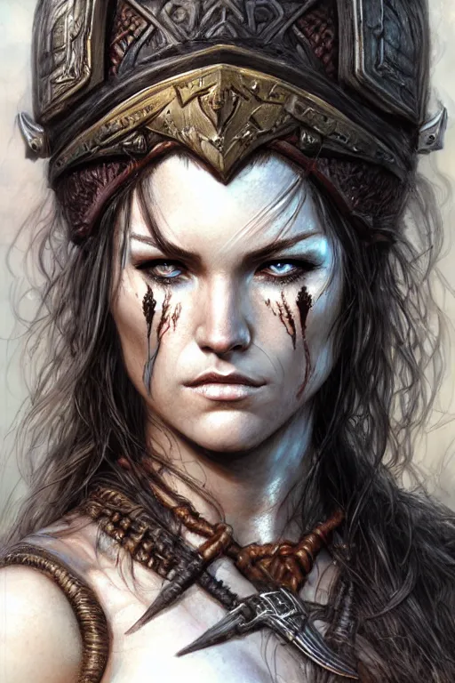 Prompt: head and shoulders portrait of a barbarian, female, high fantasy, dnd, face details, extremely detailed, digital illustration, by luis royo, magali villeneuve, donato giancola, wlop, krenz cushart, artgerm
