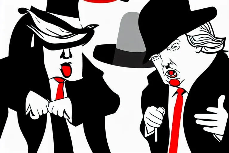 Image similar to poster illustration of donald trump and donald trump wearing trench coats and big black hats starring in spy vs spy