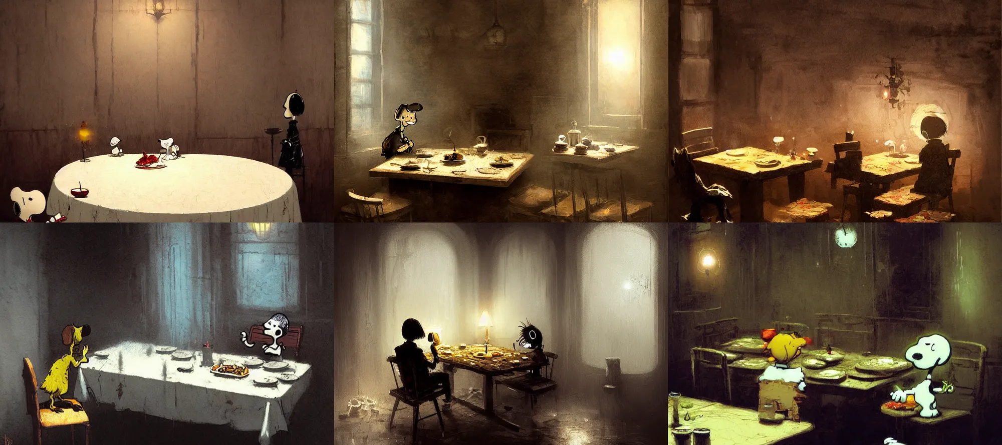 Prompt: snoopy silent hill eating dinner at a table in the backrooms happiness is temporary by greg rutkowski