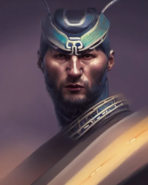 Prompt: face portrait of nikola jokic as a muscular ronin samurai, wearing a haori, by wlop and peter mohrbacher, dramatic action pose, extremely detailed shading, concept art, digital painting, trending on artstation, unreal engine 5, octane render, atmosphere, glow, cinematic lighting, full of color