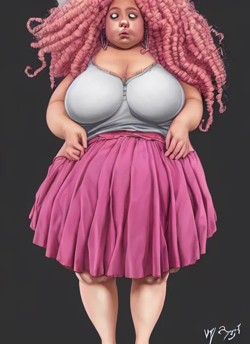 Image similar to full body portrait, teenage vanessa morgan, pink hair, obese, curly pixie hair, sultry, realistic, short hair, hoop earrings, skirt, shirt, fat, belly, black girl, intricate, elegant, highly detailed, digital painting, artstation, concept art, smooth, sharp focus, illustration, art by wlop, mars ravelo and greg rutkowski