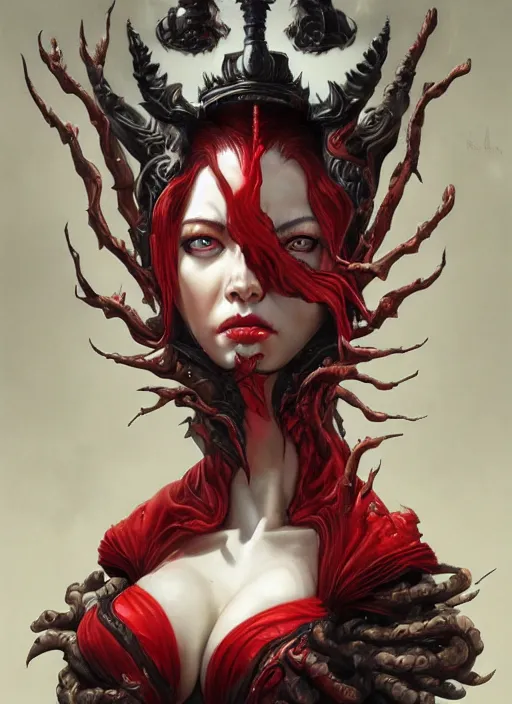 Prompt: a hyper detailed shoulder portrait of black haired girl with red eyes, the queen of blades, sideshow figurines, diablo 4 lilith, by yusuke murata, by hiroya oku, by dorian cleavenger, by tom bagshaw, by zdzisław beksinski, trending on artstation