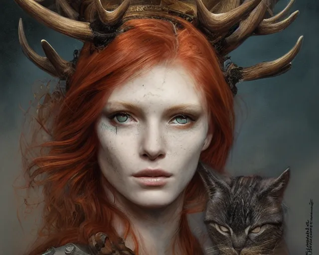 Prompt: 5 5 mm portrait photo of an armored gorgeous anesthetic redhead woman warrior with a face tattoo and antlers growing from her head and cat on her shoulder, in a magical forest in the style of luis royo. art by greg rutkowski. highly detailed 8 k. intricate. lifelike. soft light. nikon d 8 5 0.