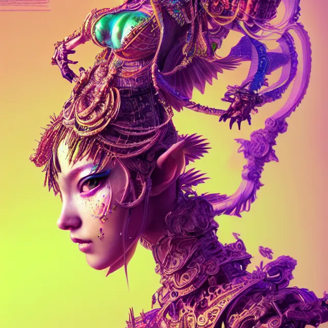 Image similar to studio portrait of colorful female divine mech dancer as absurdly beautiful, elegant, young sensual gravure idol, ultrafine hyperrealistic detailed face illustration by kim jung gi, irakli nadar, intricate linework, sharp focus, bright colors, matte, octopath traveler, final fantasy, unreal engine highly rendered, global illumination, radiant light, intricate environment