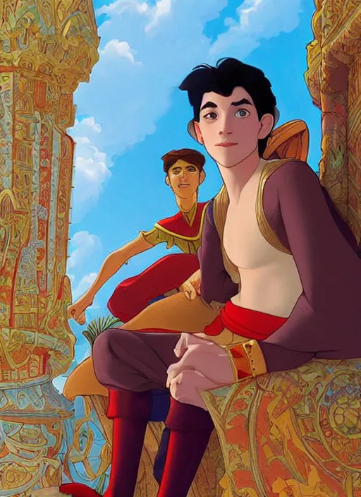 Prompt: skinny young tom holland as prince ali ababwa, iago perched nearby, natural lighting, path traced, highly detailed, high quality, beautiful digital painting, by don bluth and ross tran and studio ghibli and alphonse mucha, artgerm