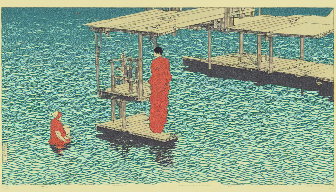 Image similar to sitting at the end of the dock by woodblock print, moebius