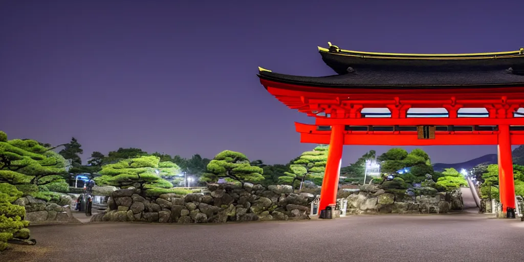 Prompt: A night photo of a school bus driving towards a Japanese Torii gate at Mount Fuji location in Japan, time travel, ray tracing
