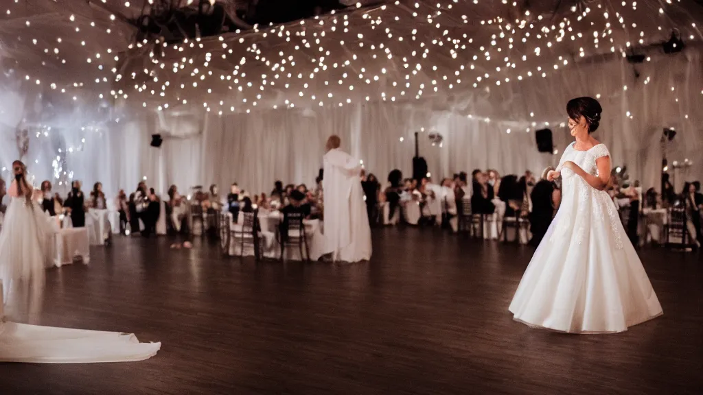 Prompt: a bride in a wedding dress looking at a dancing stage with bokeh light effect in the background