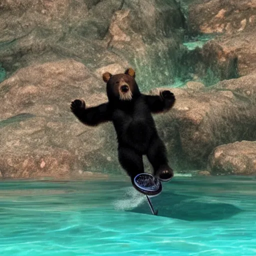 Prompt: a photo of a bear riding a unicycle under water