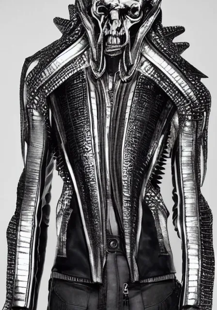 Image similar to designer menswear jacket inspired by h. r. giger designed by alexander mcqueen