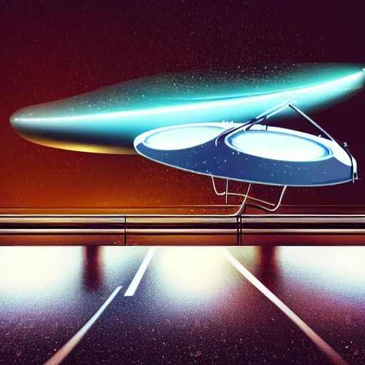 Image similar to realistic futuristic time machine at night in the rain flying over the highway