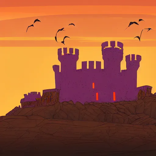Image similar to an elaborate old ramshackle castle built on top of a desert mesa at sunset, orange and purple coloring, digital art