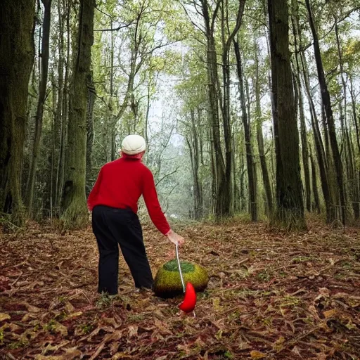 Image similar to david attenborough crawling on the ground, eyes rolled back, wearing red clothes, solid red super mario hat, eating a big red mushroom with white dots, in a forest