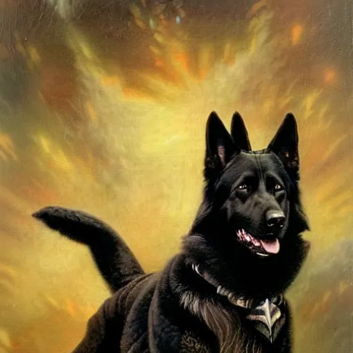 Image similar to a portrait of a manly and muscular black german shepherd dogman canine, star trek the next generation. highly detailed painting by gaston bussiere, craig mullins, j. c. leyendecker, furry