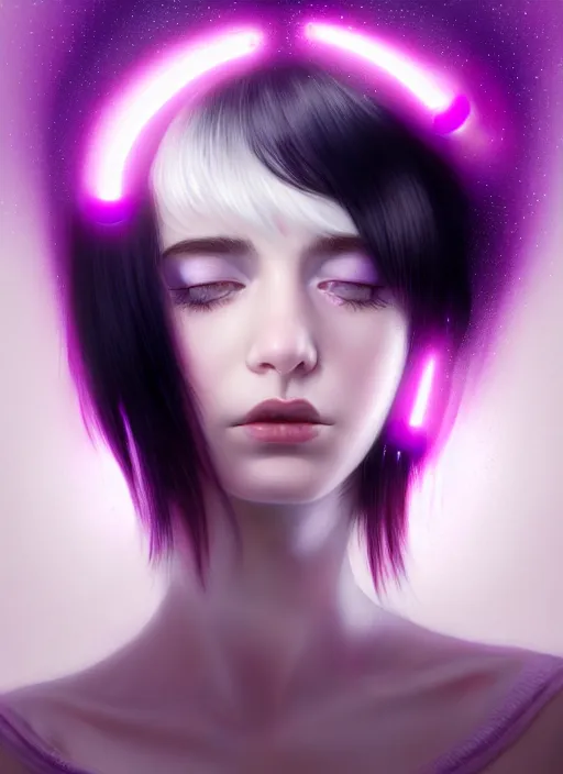 Image similar to portrait of teenage girl with white bangs, red irises, black hair, purple clothes, white bangs, bangs are different color from hair, intricate, front of hair is white rest is black, elegant, glowing lights, highly detailed, digital painting, artstation, concept art, smooth, sharp focus, illustration, art by wlop, mars ravelo and greg rutkowski