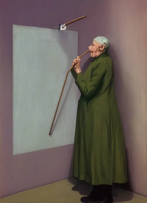 Image similar to old woman with a cane with hysterical facial expression at the art deco hospital painting by Edward Hopper and James Gilleard, Zdzislaw Beksinski highly detailed