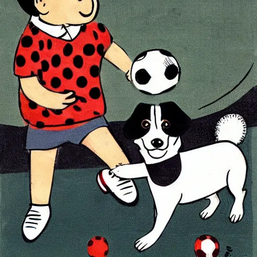 Image similar to illustration of french boy in paris playing football against a corgi, the dog is wearing a polka dot scarf, comic, 1 9 6 2