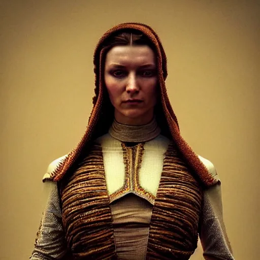 Prompt: Colour Caravaggio and Dune by denis villeneuve style full body Photography of Highly detailed beautiful Woman with 1000 years detailed face and wearing detailed Ukrainian folk costume designed by Taras Shevchenko also wearing highly detailed retrofuturistic sci-fi Neural interface designed by Josan Gonzalez. Many details In style of Josan Gonzalez and Mike Winkelmann and andgreg rutkowski and alphonse muchaand and Caspar David Friedrich and Stephen Hickman and James Gurney and Hiromasa Ogura. Rendered in Blender and Octane Render volumetric natural light