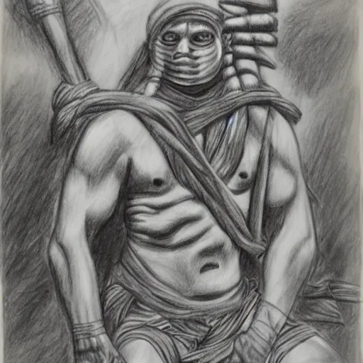 Prompt: one mummy in bandages touches head of warrior, in jungle, pencil drawing