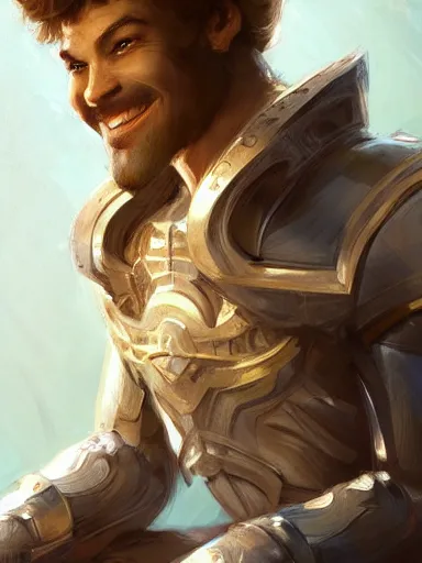 Prompt: a noble man smiling with flirty eyes. crossed arms, sitting in his chair. intricate, elegant, highly detailed, digital painting, artstation, concept art, sharp focus, illustration, by justin gerard and artgerm, 8 k