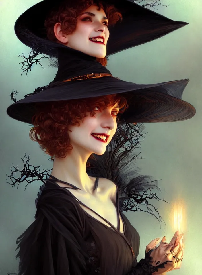 Image similar to halloween witch woman in a hat smiles, fantasy magic, undercut hairstyle, dark light night, intricate, elegant, sharp focus, illustration, highly detailed, digital painting, concept art, matte, art by wlop and artgerm and greg rutkowski and alphonse mucha, masterpiece