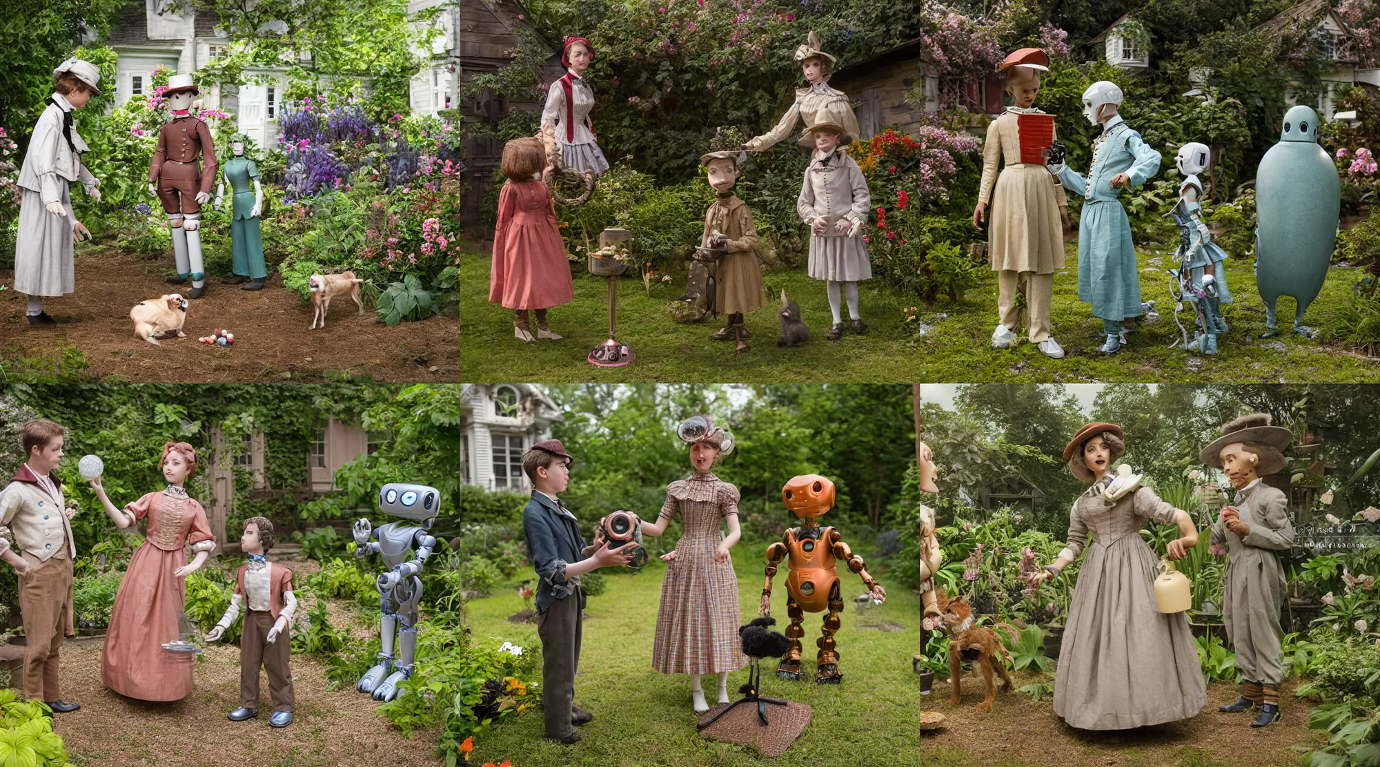 Prompt: detailed, sharp, a boy and a girl playing frisbee with their cute pet humanoid robot, wearing 1850s era clothes, in the garden of a house on an alien planet with strange alien plants and flowers growing, extremely highly detailed, in focus faces, 70 mm still from a period sci fi color movie, 4k, HD, cinematic lighting