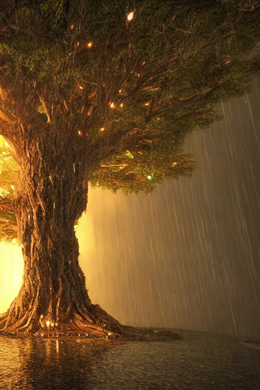 Image similar to the tree of life by tyler edline and disney. hyperdetailed, realistic, artststion, unreal engine, octane render, night, raining, dark, volumetric lights, 8 k, 4 k